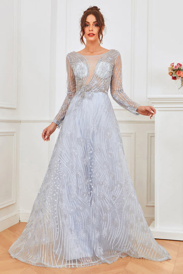 Vestido de baile de contas azul claro com mangas